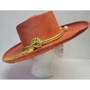 Adolfo II Vintage Wide Brim Straw Hat Burnt Orange Gold Rope Tassel Pearl Pin